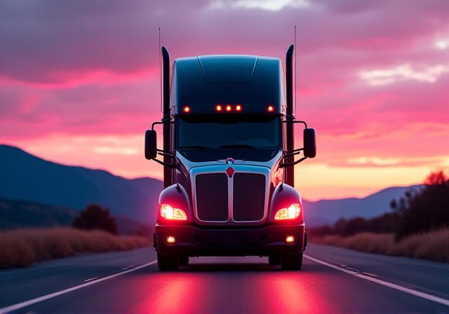 Modern logistics semi-truck on highway at night