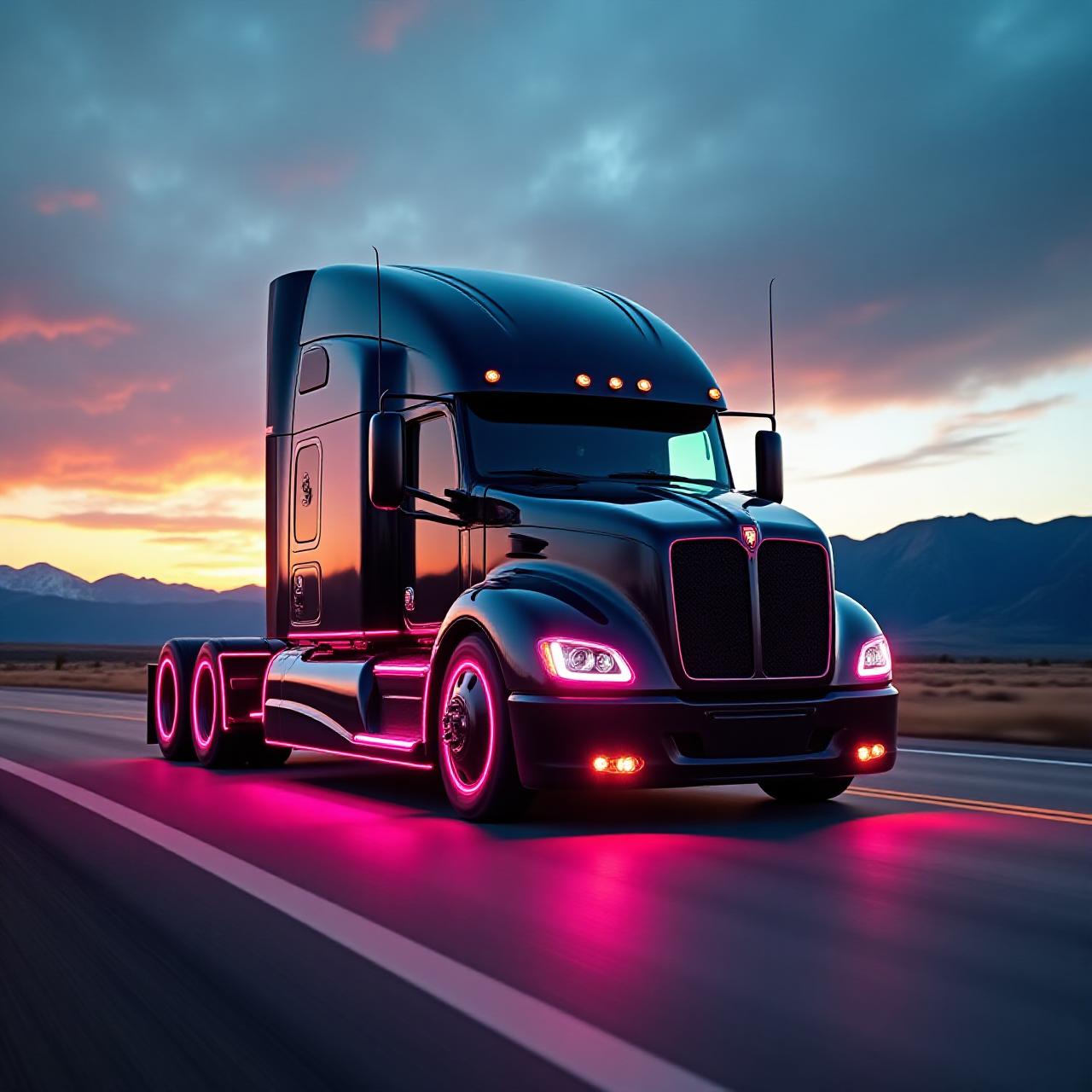 Sleek modern semi-truck moving at high speed on Colorado highway
